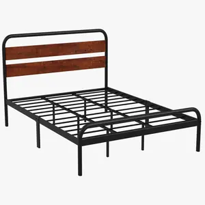 King Size Dark Brown Platform Bed Frame with Wood Headboard, Heavy-Duty Metal Slat Support, Noise-Free Mattress Foundation, Easy Installation, Heavy-Duty Support
