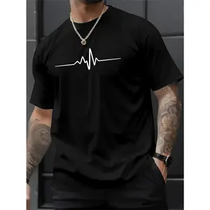 Men's Casual Crew Neck T-Shirt, 100% Cotton Knit Fabric, Regular Fit, with Heartbeat Print, for All-Season Comfort, Summer Top |   Casual Style |   Comfortable Fit
