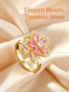 Women’s adjustable rotating copper ring with an open design, featuring gold crystals and cubic zirconia; a jewelry piece that helps relieve stress and reduce anxiety—a romantic gift for her and a promise ring.