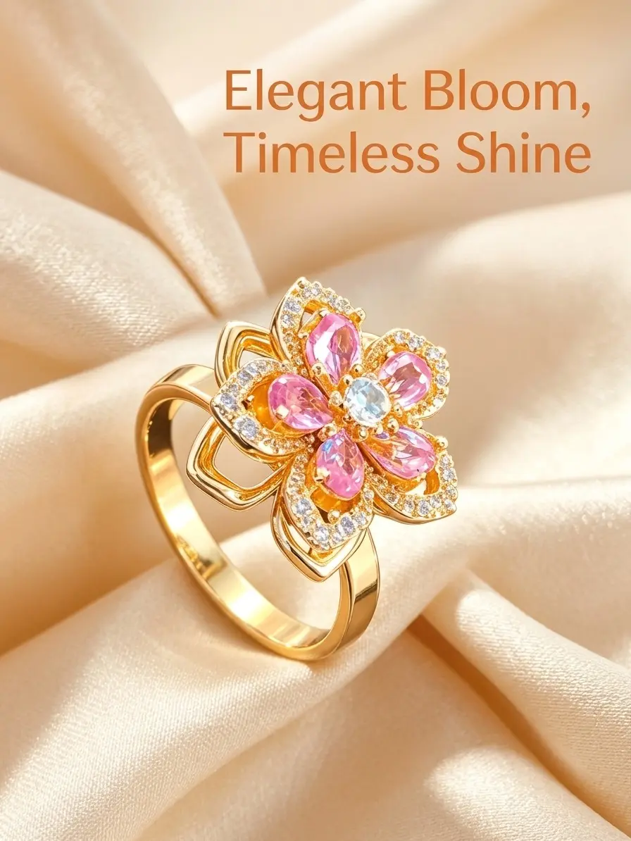 KONPJE Women's Sunflower Spinner Ring, Adjustable Copper Fidget Jewelry with Sparkling Cubic Zirconia for Anxiety Relief, Meaningful Gift, Flowers, Stress Relief, Fidget Toy, Valentines Day, Meaningful Gifts