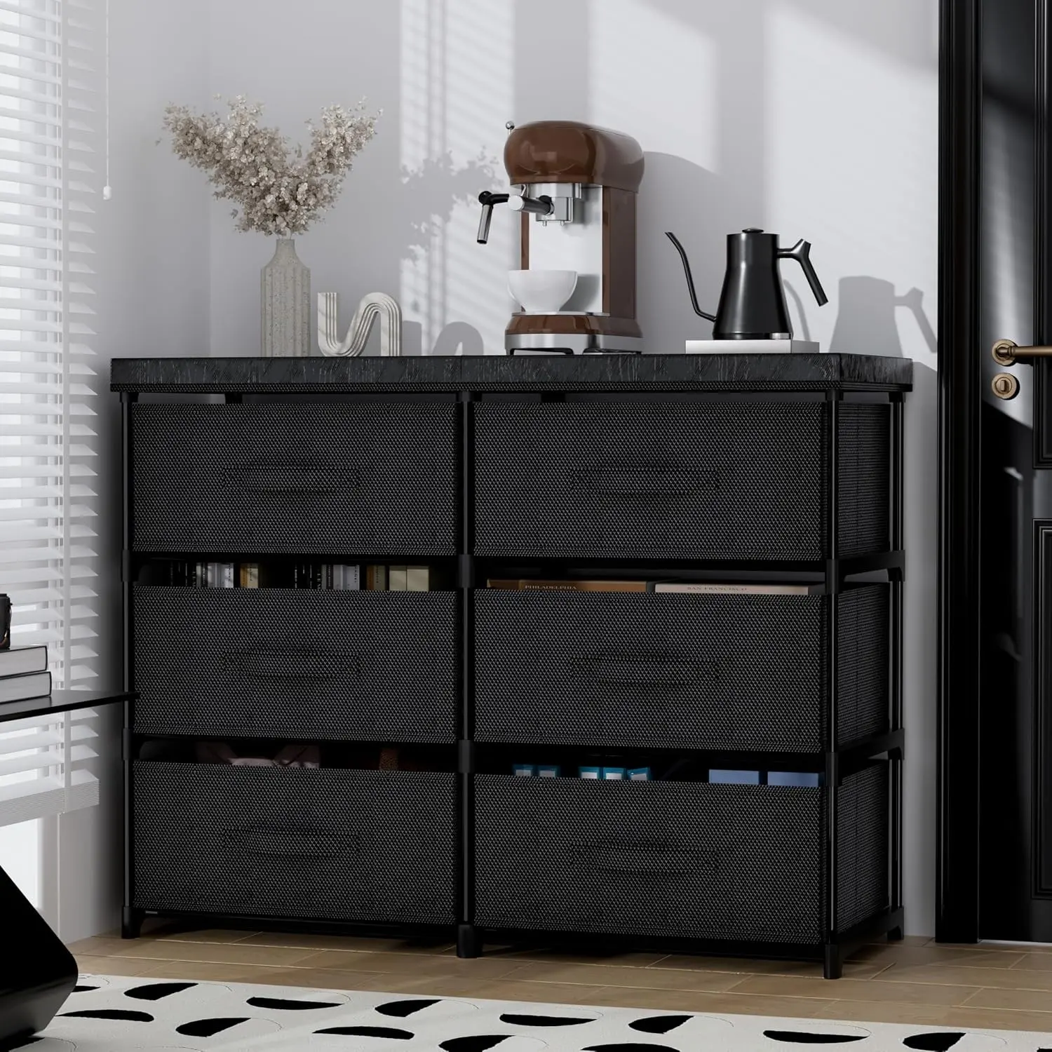 Dresser with 6 Fabric Drawers, Desktop Standing Cube Storage Cabinet with Sturdy Metal Support, Storage Organizer for Living Room Bedroom Dorm Entryway, Black