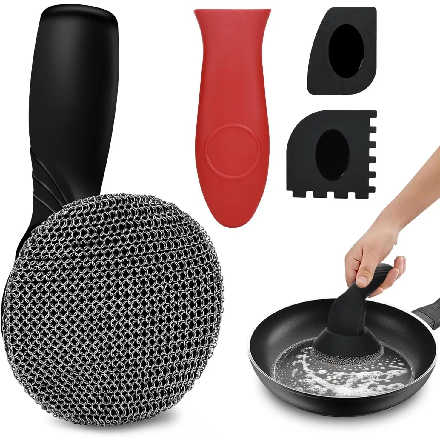 4-Pack Rust-Resistant Stainless Steel Chain Mail Cast Iron Scrubber Kit with Long Handle, Silicone-Infused Utensil-Safe Brush, No Residue Cleaning for Cast Iron Pans, Grill Pans, Dishwasher Safe
