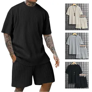 Gihuo Men's 2 Piece Outfits Textured Short Sleeve Shirts & Shorts Set Crewneck Black Elastic Waist Casual Summer Beachwear Comfortable Flexible