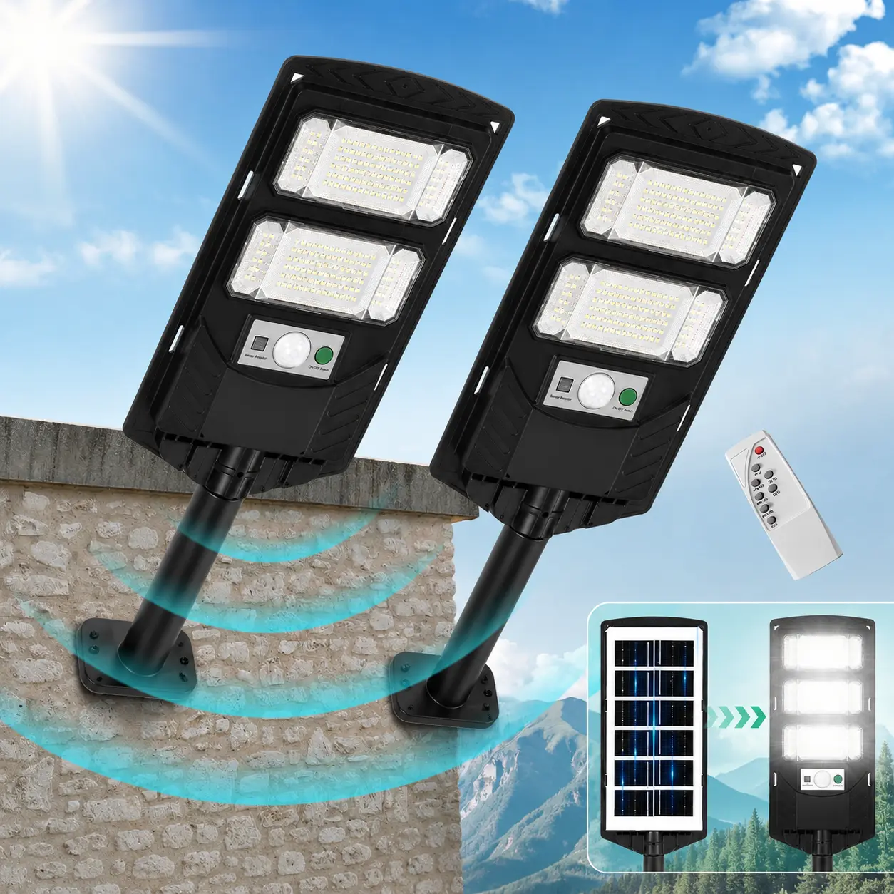 4-Pack Solar LED Street Lights, Outdoor Waterproof 10000 Lumen Dusk-to-Dawn Solar Flood Lights with Motion Sensor, Remote Control & Wall Mount for Outdoor Spaces, Parking Lot