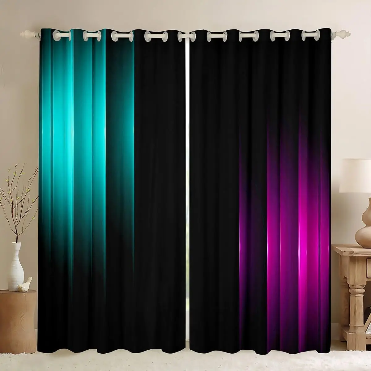 Feelyou Blackout Room Decor Curtains - Purple, Teal and Black Geometric Ombre, Abstract Striped Home Textile, Light Blocking Window Treatment, Bedroom Interior Decoration Accessory, Room Decor Curtain, Purple Curtains, Colorful Curtains