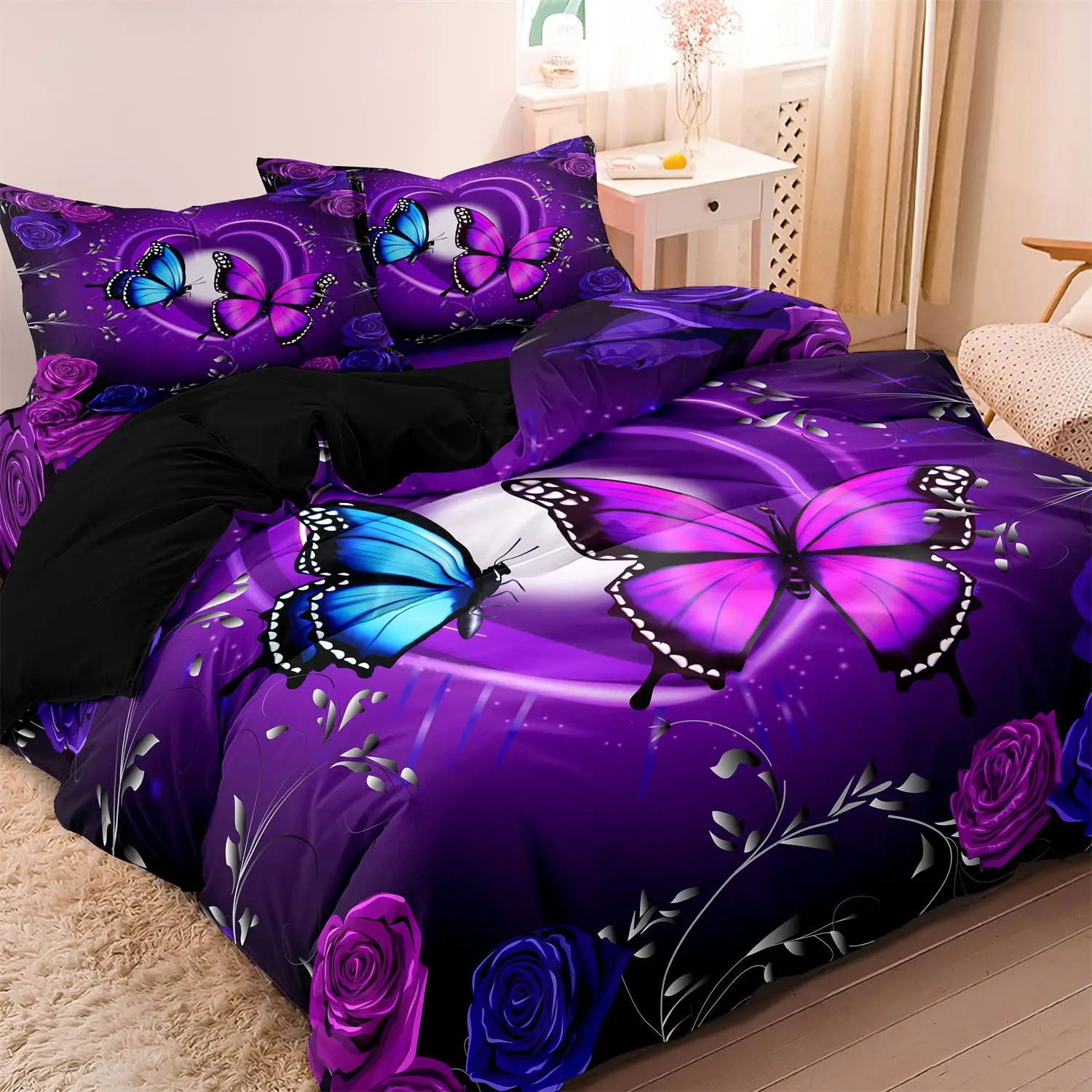 Butterfly & Rose Print Bedding Set, 1 Duvet Cover & 2 Pillowcase without Filler, Soft Comfortable Bedding Set for Bedroom, Guest Room