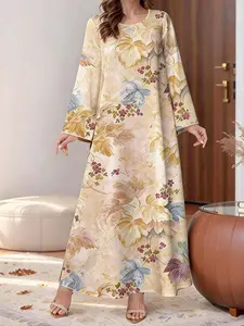 Vintage Maple Leaf Print Loose Dress, Round Neck Long Sleeve A-Line Maxi Dress, Slimming Casual for Daily Wear, Dinner, Vacation