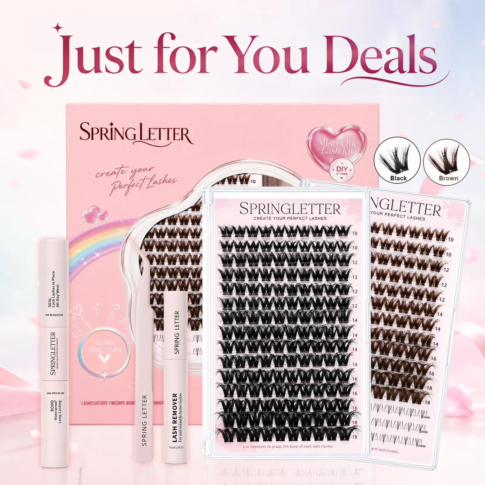 SPRINGLETTER Fluffy Lash Clusters Kit, Wispy Volume Eyelash Clusters 10-18mm, Brown & Black DIY Cluster Lashes with Bottom Lashes, Bond & Seal, Remover & Tweezers Included spikes