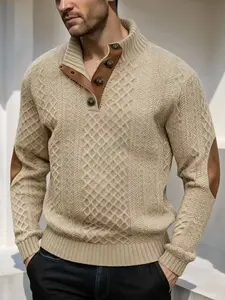 Men's Vintage Fall Winter Long Sleeve Sweatshirt, Fitted, Elbow Patch Design, Patchwork, Comfortable Soft Fabric, Casual Daily Wear, Outdoor Activities, Knitwear