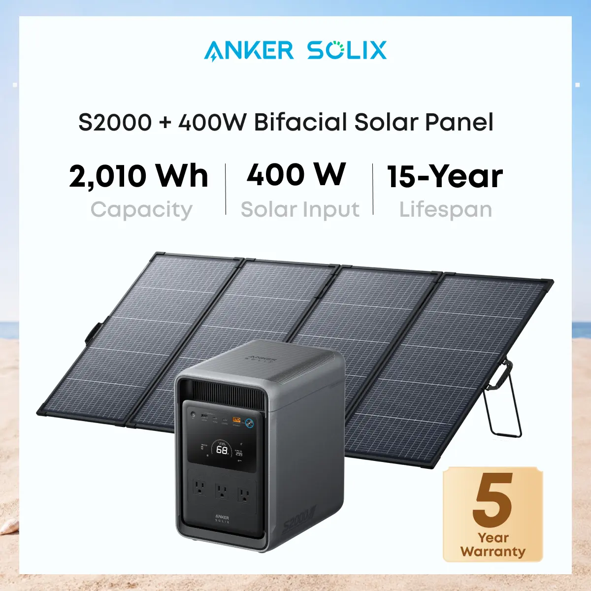 Anker SOLIX S2000 Portable Power Station with 400W Bifacial Solar Panel, 1,500W Solar Generator, Up to 35-Hour Fridge Backup, 2,010Wh LFP Battery for Home Backup, Power Outages, and Camping, Outdoor, Solar Powered