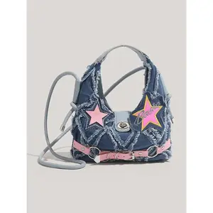 Distressed denim checkerboard bucket bag, Denim crossbody bags, drawstring cuff, one-shoulder crossbody fashion women's bag, Casual Bag, niche design, exquisite and compact, versatile for commuting, suitable for students, shopping, dating