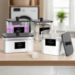 4 Pack Laundry Pods Container & Dryer Sheet Holder - Clear Plastic Laundry Room Organization Storage Containers with Black Lids, Scoops & Labels for Detergent Pods, Powder, Scent Boosters, Beads