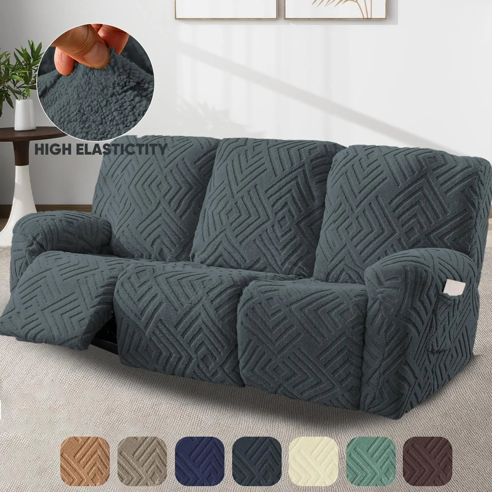 3 Seater Soft Recliner Chair Covers 8Pcs Plush Recliner Sofa Slipcover Stretch Recliner Slipcover for Lazyboy Chair with Storage Pocket Furniture Protector for Living Room