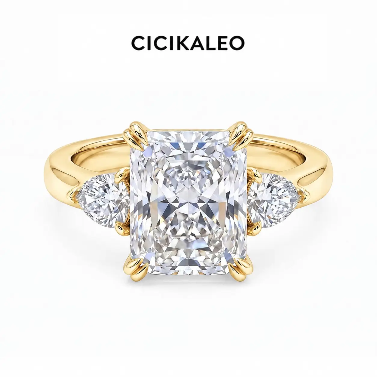 CICIKALEO 14K Gold Plated 4CT 3-Stone Radiant Cut Solid 925 Sterling Silver Cubic Zirconia Simulated Diamond Engagement and Promise Ring for Women