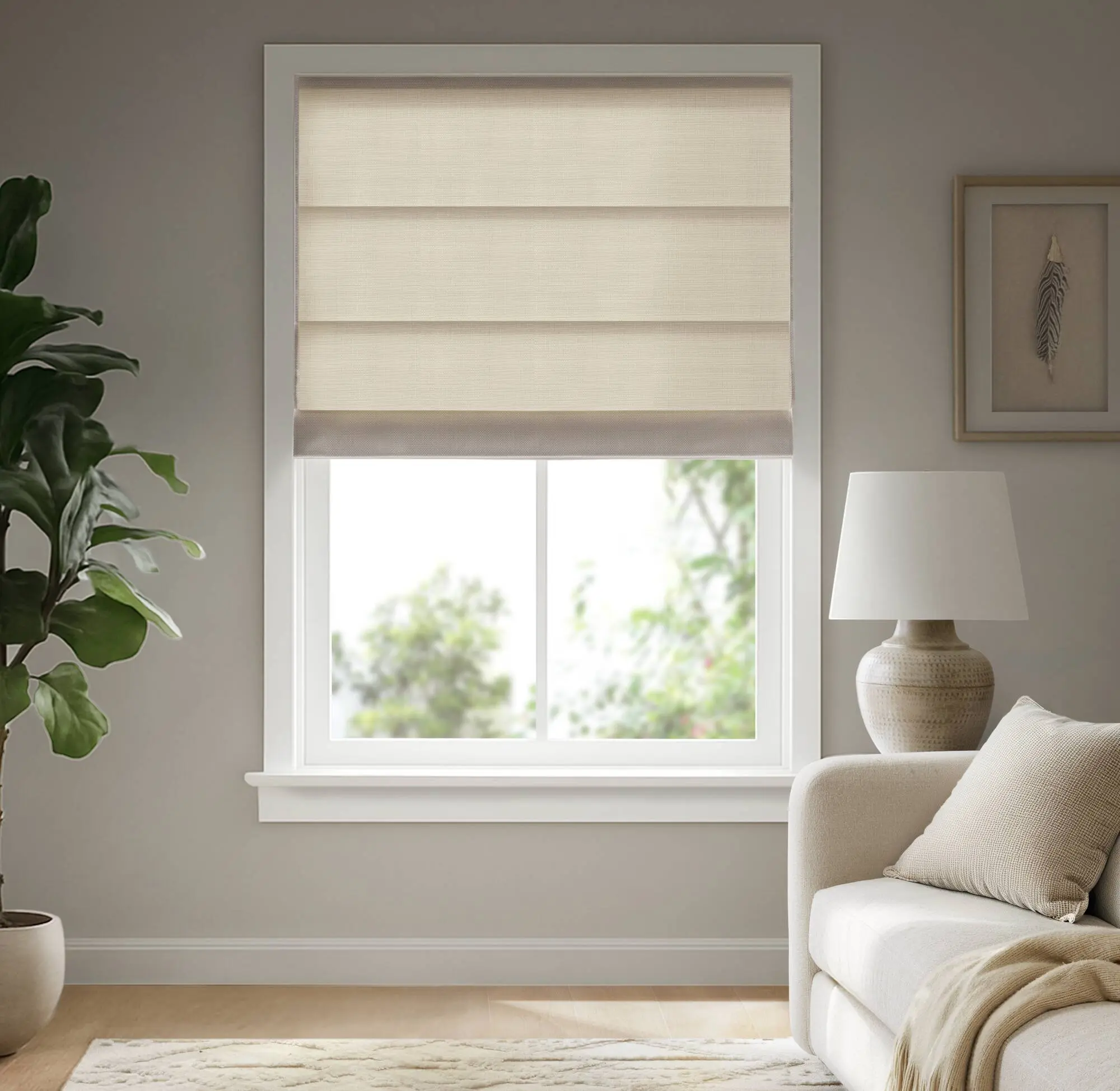 Cordless Roman Window Shade 35x64 Inches, Ivory Polyester Fabric, Light Filtering & Privacy, Easy Setup for Living Room, Bedroom, Kitchen, Home Office
