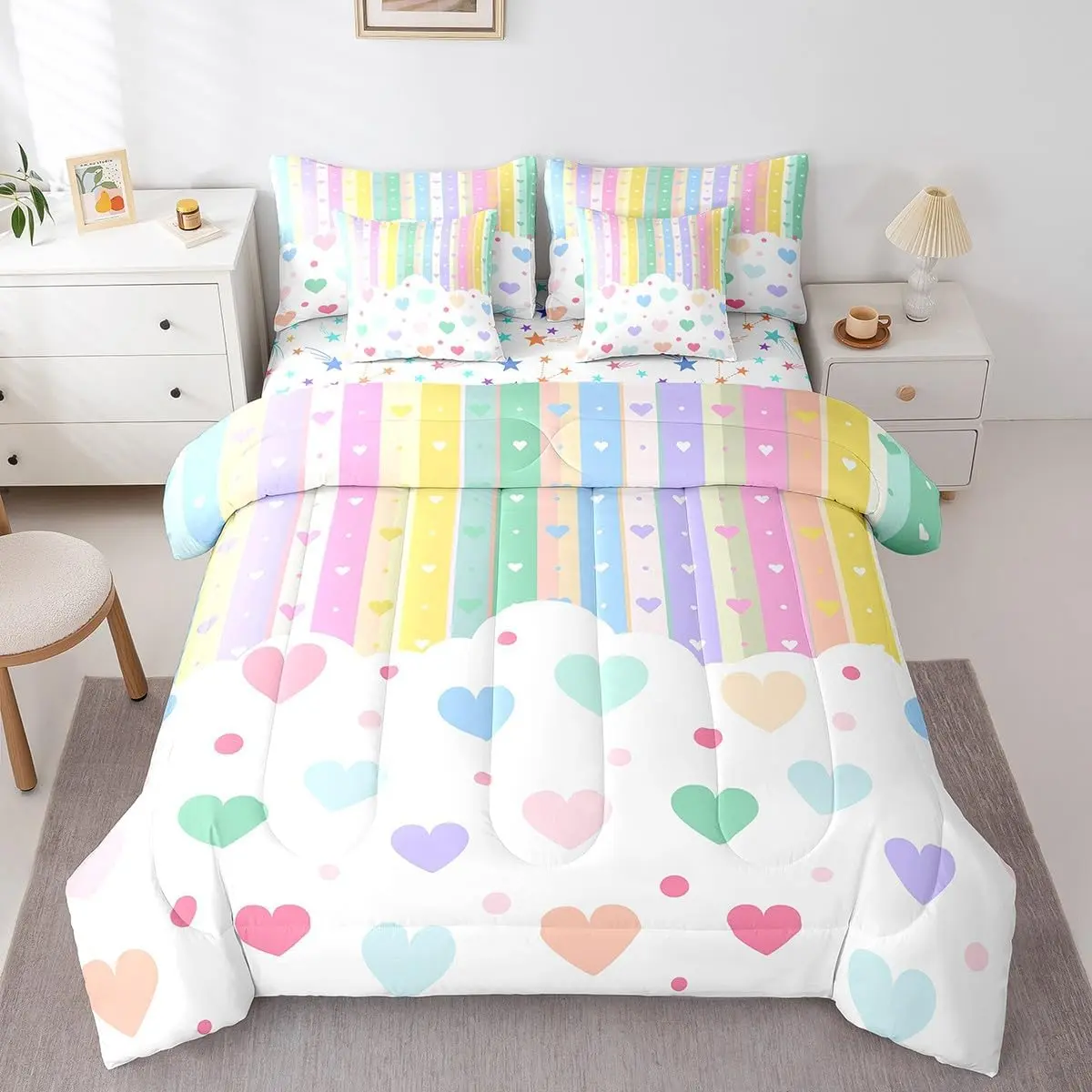 Feelyou 7-Piece Rainbow Stripes Toddler Girl Bedding Set - Soft, Breathable, Machine-Washable Bed-in-a-Bag with Comforter, Sheets, and Cartoon Printed Blanket