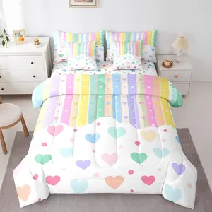 Rainbow Stripe 7 Piece Bedding Set,Like Colorful Love Heart Comforter Set with Sheets,Cartoon Cute Bed in a Bag,Kawaii Bed Set