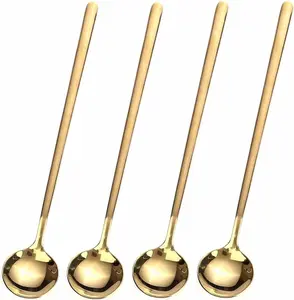4 PCS 6.7 Inches Coffee Spoons, Stirring Spoons, Tea Spoons Long Handle, Gold Teaspoons, Gold Spoons, Gold Espresso Spoons Stainless Steel Cutlery Set