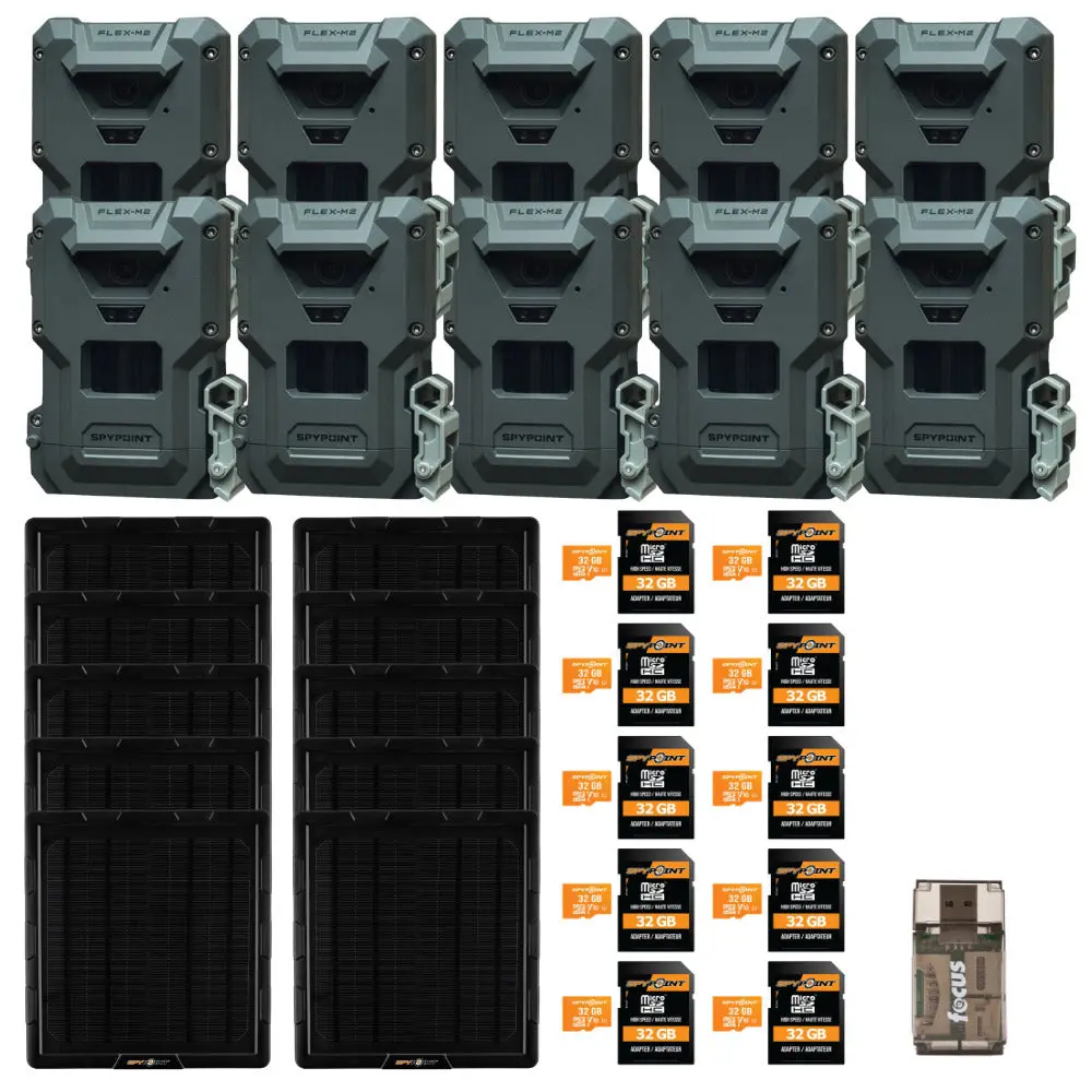 Spypoint FLEX-M2 32MP Trail Camera (10-Pack) Hunting Bundle for Hunters, with Solar Panel, Memory Card, Card Reader, 1080p Resolution, 360-degrees Tilting, 12-months Battery Life, AA Batteries, 5W Splb-10 Compact Solar Panel, 90Ft, 6-Months With Aa, All-I