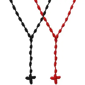 Handmade Irregular Catholic Cord Rosary Necklace Knotted Rope Rosary Cross Knot Necklace Set Black Knotted Cord Rope Rosary Beads Large And Strong For Men Women