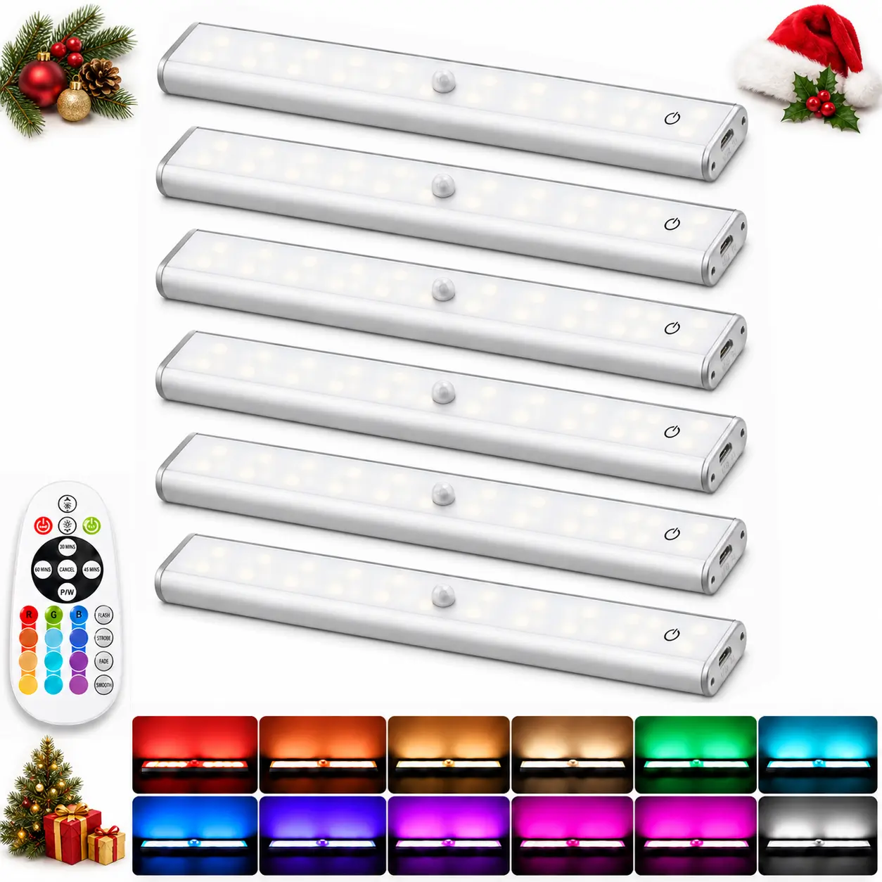 Diomart RGB Under Cabinet Lights for Christmas Kitchen Decor, Rechargeable Magnetic Dimmable Light Bars with IR Remote & Touch Control, No Motion Sensor, 4 or 6 Pack