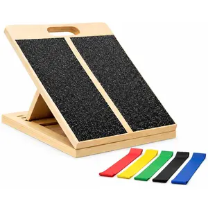 Adjustable Wooden Slant Board for Calf Stretching, Squats & Mobility with 5 Resistance Bands Portable Velour Stretch Board, Calf Stretcher, Incline Board f