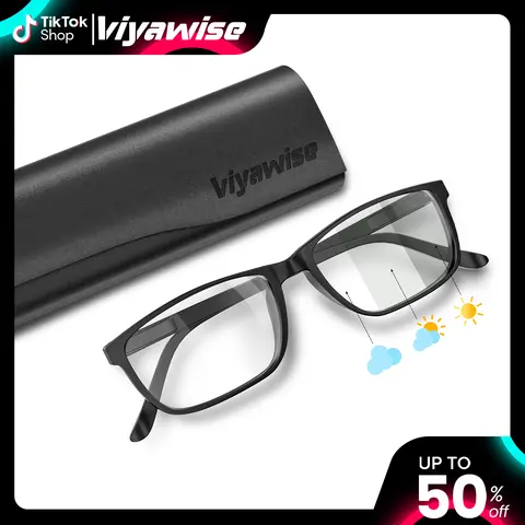 VIYAWISE Unisex High Quality Eyewear - 27g Lightweight Rectangular Polycarbonate Blue Light Photochromic Accessory Non-Prescription Frames, UV400 UV Shield, Eye Strain Protection, Esports, Casual Wear, with Case