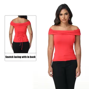 Women's Off The Shoulder Short Sleeve Trendy T-shirt Summer Y2K Corset String Fashion Outfits Strapless Top with Corseted Back Cinching