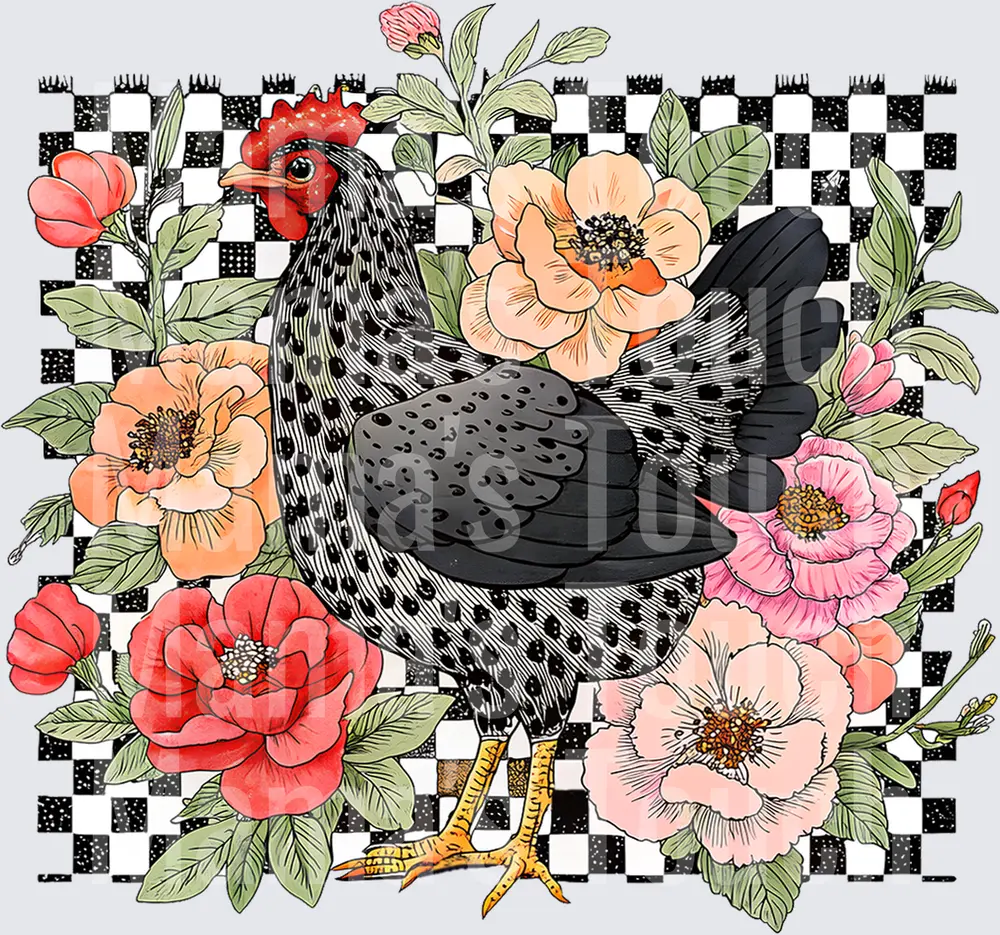 Chicken Design - Black and White Checkered Hen with Peach and Pink Peonies - DTF Transfers - Direct to Film Transfer - THIS IS NOT A T-Shirt or Digital product