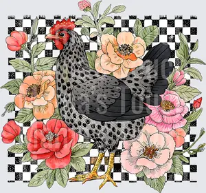 Chicken Design - Black and White Checkered Hen with Peach and Pink Peonies - DTF Transfers - Direct to Film Transfer - THIS IS NOT A T-Shirt or Digital product