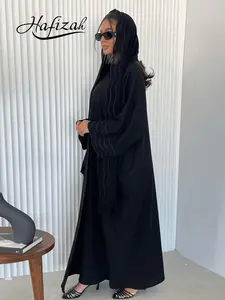 Hafizah Wave Pattern Loose Fit Abaya Outerwear, Elegant Long Cardigan with Headscarf, Luxury Middle Eastern Women's Clothing Loose Abayas