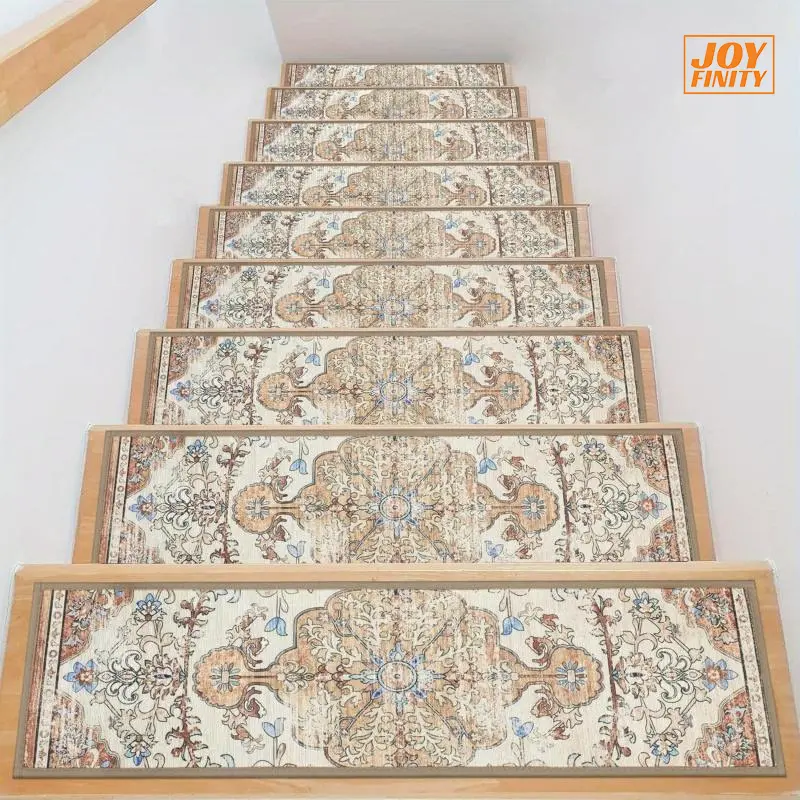 Joyfinity Non-Slip Stair Treads for Wooden Steps, 15pcs Vintage Boho Stair Runners for Indoor Stairs, Washable Non-Skid Carpet Stair Mats for Kids Elders Pets, Beige Bohemian Floral Stair Rugs