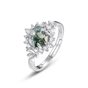 New Design Fashion 925 Sterling Silver Round Natural Moss Agate Snowflake Cluster Adjustable Wedding Ring Valentine Gift for Girlfriend