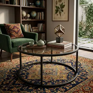 Luxury Round Glass Coffee Table, 27 Inch Clear Glass Top Center Table, Golden Sturdy Metal Frame, Contemporary Minimalist Side Table, Easy Assembly, Space Saving Home Decor for Living Room Office Dorm
