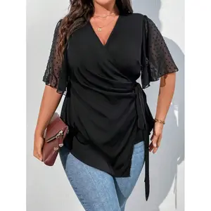 Women's Plus Size Black Sheer Dot Sleeve Wrap Top, Surplice Neck Tie Waist Asymmetrical Hem Blouse