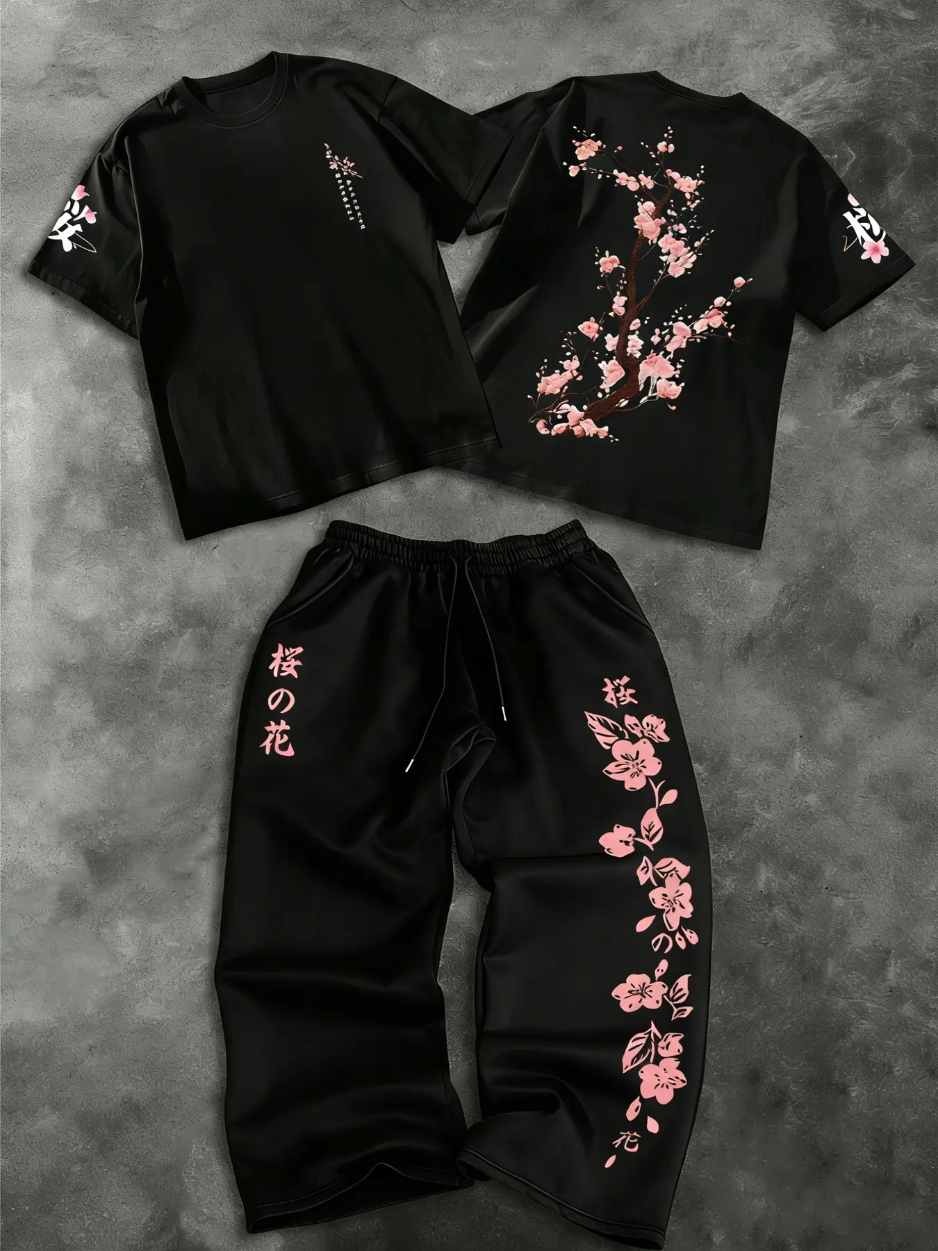 Men's Loose Fit Casual Floral Cherry Blossom and Letter Print Round Neck Short Sleeve Top + Long Pants Two-Piece Set Outfit Menswear, Comfortable and Stylish for Daily Wear