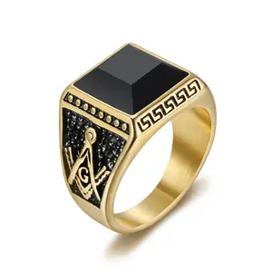 Fashionable and Elegant Business Style Black Synthetic Zircon Geometric Square Stainless Steel Men's Ring Accessories