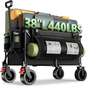 38" L Collapsible Foldable Extended Wagon,440lbs Weight Capacity with 220L Heavy Duty Folding Cart, Utility Wagon with Side Storage Pockets& Drink Holders,Black