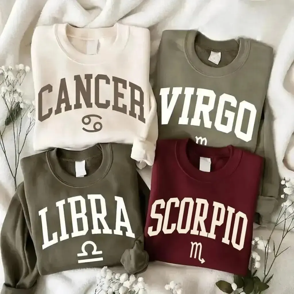 Women's 12 Zodiac Sign Polyester-Stretch Soft Seamless Long Sleeve Round Neck Sweatshirt Tops - Minimalist Astrology Graphic, Bold College Letters, Casual Pullover, Ideal Birthday Gift for Zodiac Lovers (Unisex-Friendly, Pair with Matching Sweatpants)