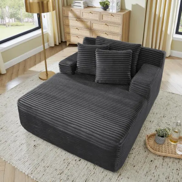 【Fall Deals For You】 Niccae 65" Boneless ChaiseLounge with Cup Holders, Upholstered Sofa Bed withThrow Pillows and Armrests, indoor Sleeper Chair-Luxurious Plush Corduroy Chair Bed for Living Room-No Assembly Required Faux Leather Couch