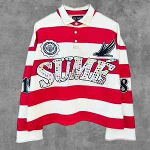 2PcsShirtsCo-ordsSumeRugbyEmbroideryStripePoloShirtRetroClassicUnisexOversizedLongSleevedShirtsSets