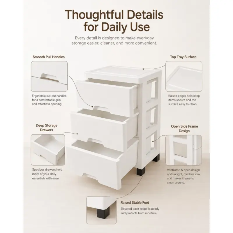 3-Tier Drawer Storage Cabinet for Household Use, Thickened Plastic Organizer Cabinet, Bedside Cabinet for Organizing Cosmetics, Clothes and Toys (DM155)