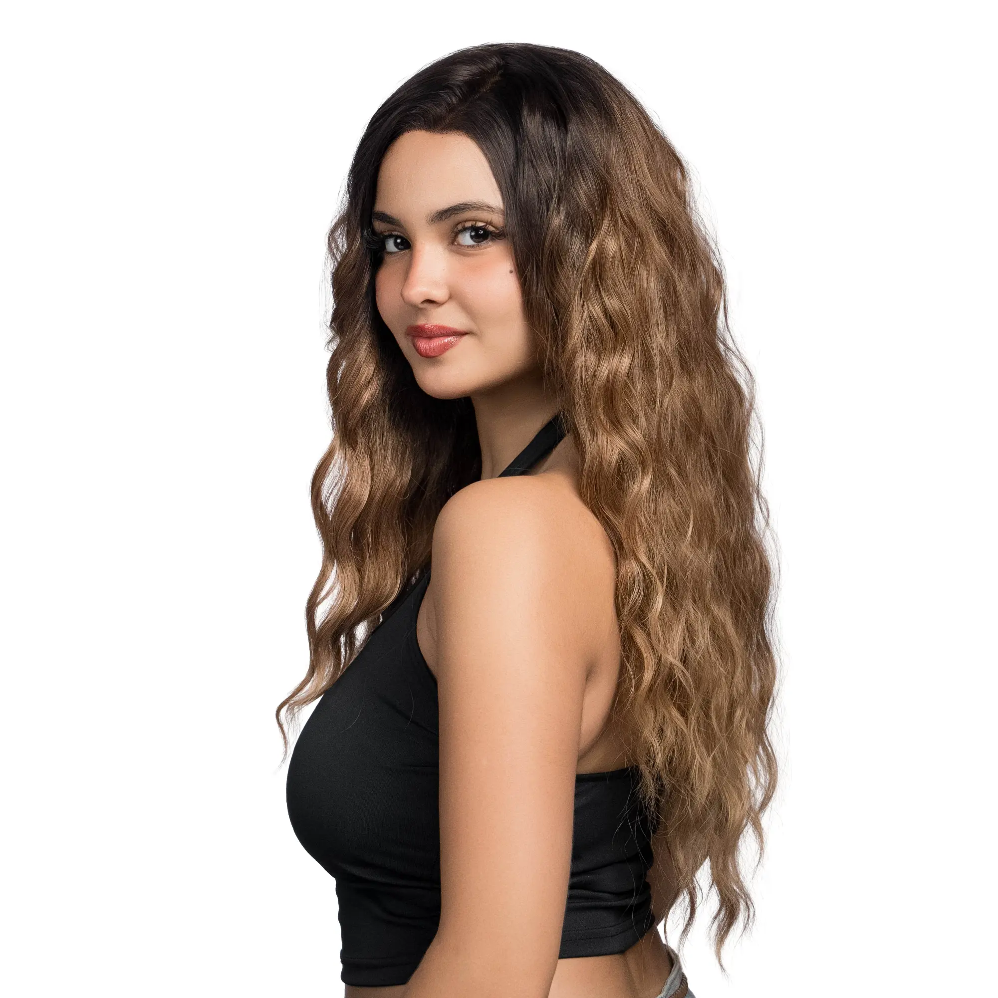 New 'Waves Don't Lie' Glazed Honey Blonde Ombre (Deep Brown Roots) Perma-teased Shak-Wave 13*4 Lace Frontal w/ Baby Hairs, Futura Fiber Blend Synthetic Wig | 【Cap Included】|  63FSGB