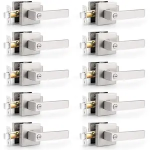 Square Satin Nickel Bedroom and Bathroom Privacy Door Levers Lockset Keyless Door Locks Handles, Pack of 10