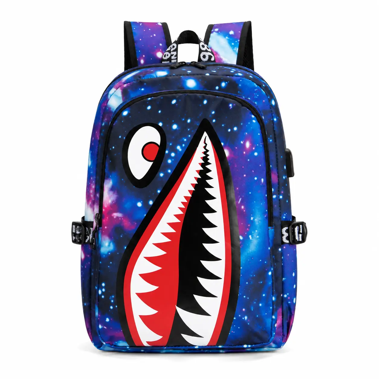Sprayground Blue-Purple Galaxy Shark Face Graphic Backpack, Lightweight Rucksack with USB Port for Youth Boys – Outdoor Travel, School Luggage Bag