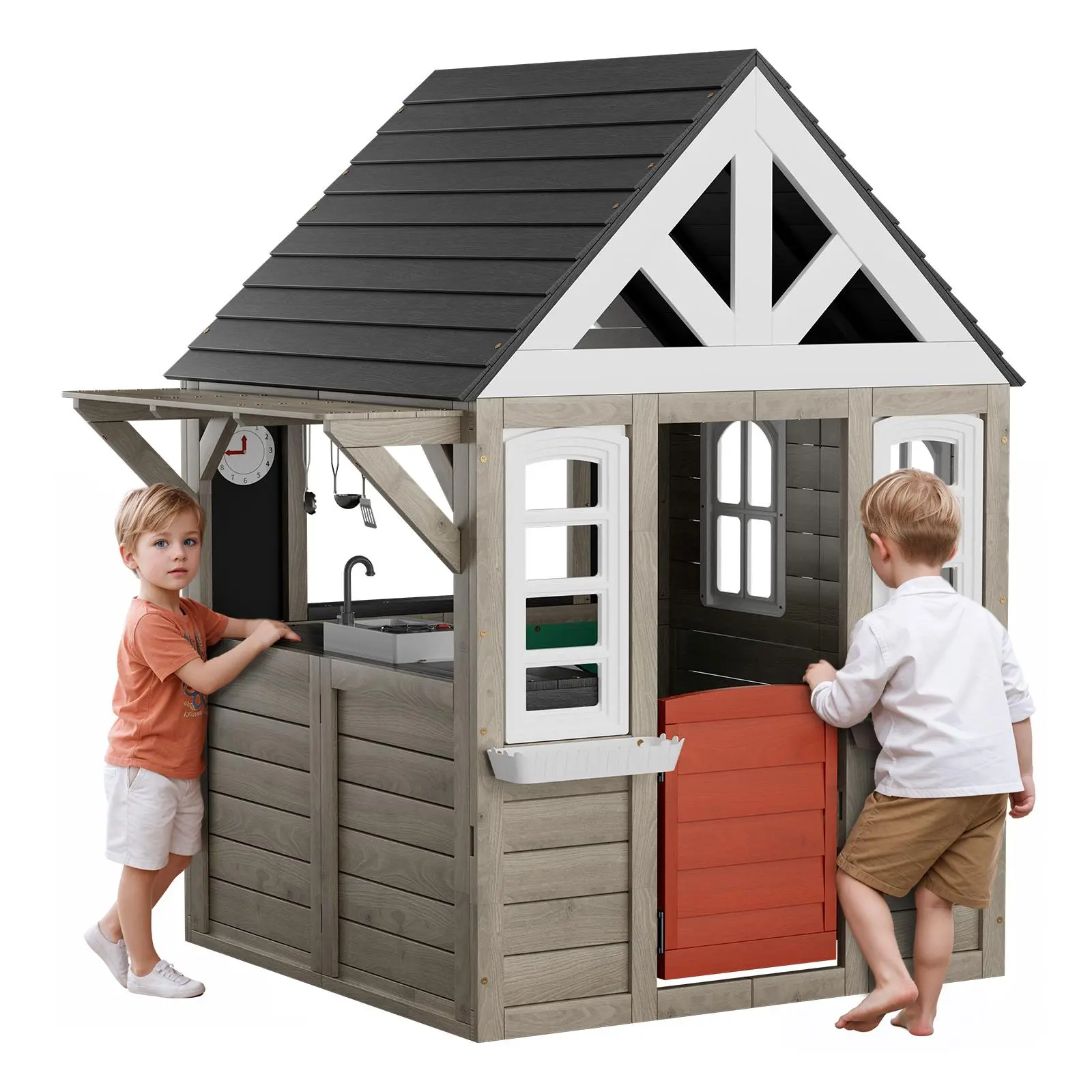 【SummerFinds】VEVOR Outdoor Wooden Playhouse, Modern Cedar Playhouse for Age 2-10 Years Kids, Garden Games Cottage, Country Style Cedar Playhouse with Working Door, Window, Flower Pot Holder, Grill, Stove, and Sink