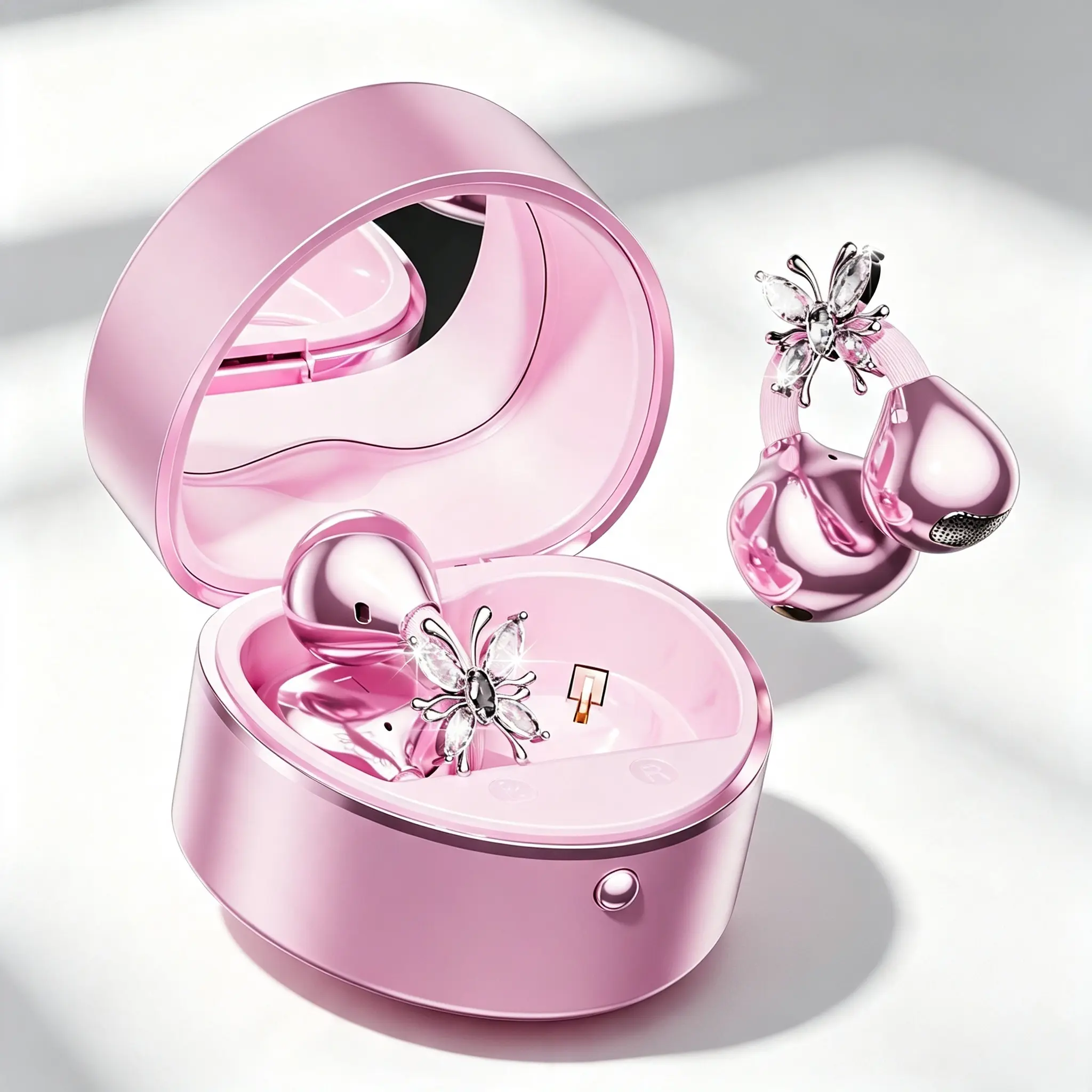 CHENRUIDA M186 Open-Ear Clip-On Bluetooth Audio Earbuds, Portable Wireless Headphones with Butterfly Heart-Shaped Mirror Charging Case, Lightweight, Detachable, Long Battery Life, Waterproof for Sports & Daily Use, Stable Connection, Type-C
