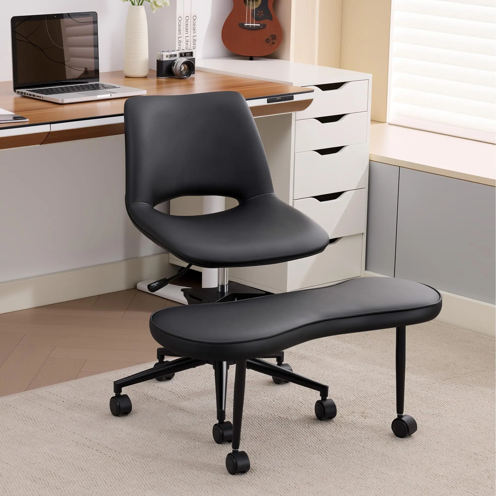 GARVEE Ergonomic Cross Legged Office Chair with High Lumbar Support - Adjustable Height Kneeling Desk Chairs for Meditation, ADHD & Yoga - Wide Criss Cross Chair with Wheels, Black