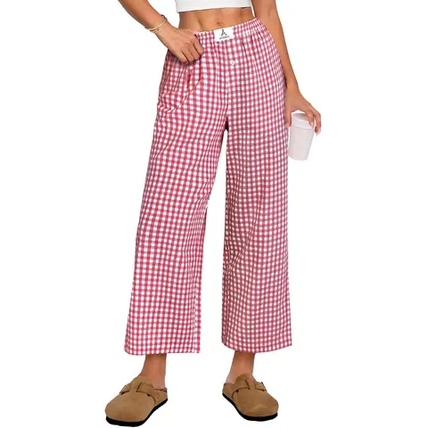 ANRABESS Women Striped Gingham Palazzo Cropped Pants Wide Leg Pajama Lounge Pants Plaid PJ Bottoms Stylish Trousers with Pockets Casual Elastic