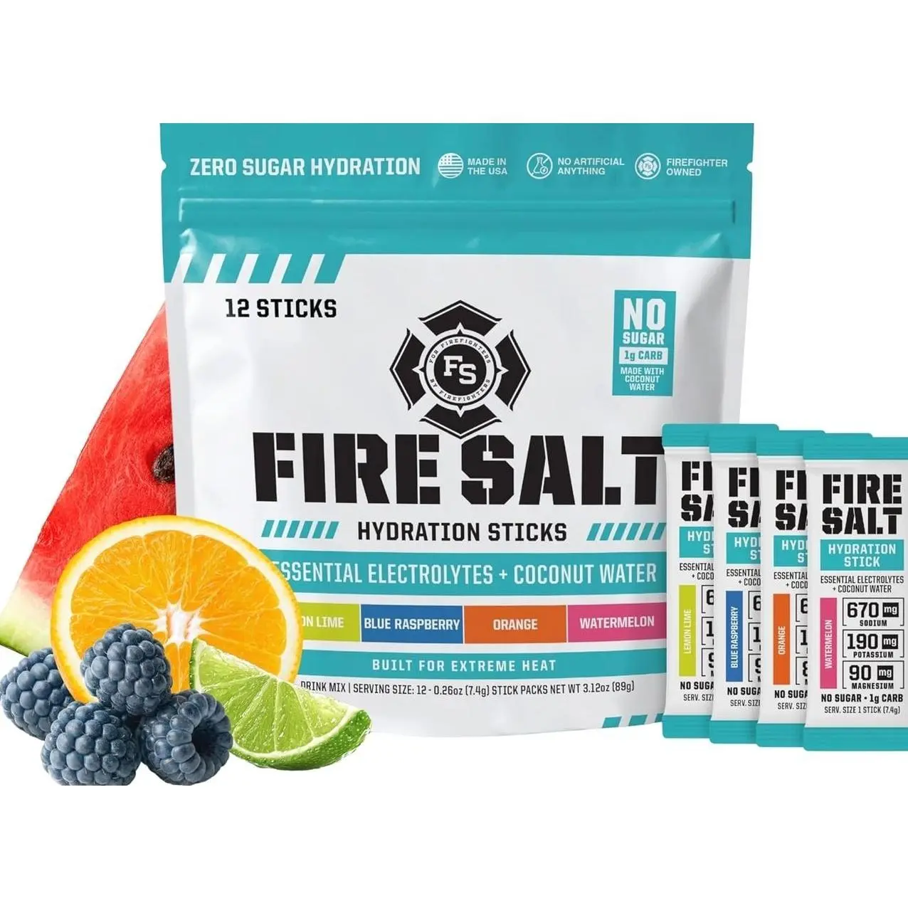 Fire Salt Hydration Sticks with Electrolytes & Organic Coconut Water, Magnesium & Mediterranean Sea Salt, Zero Sugar, Single Serve Packs, 4 Flavor Starter Kit Variety Pack, 12 Count